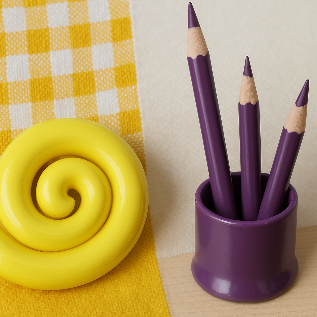 Montessori-Materialien in Gelb und Lila mit gelbem Spiralspielzeug und lila Stiften auf hellem Holztisch, passend zur Kleinkindbetreuung.