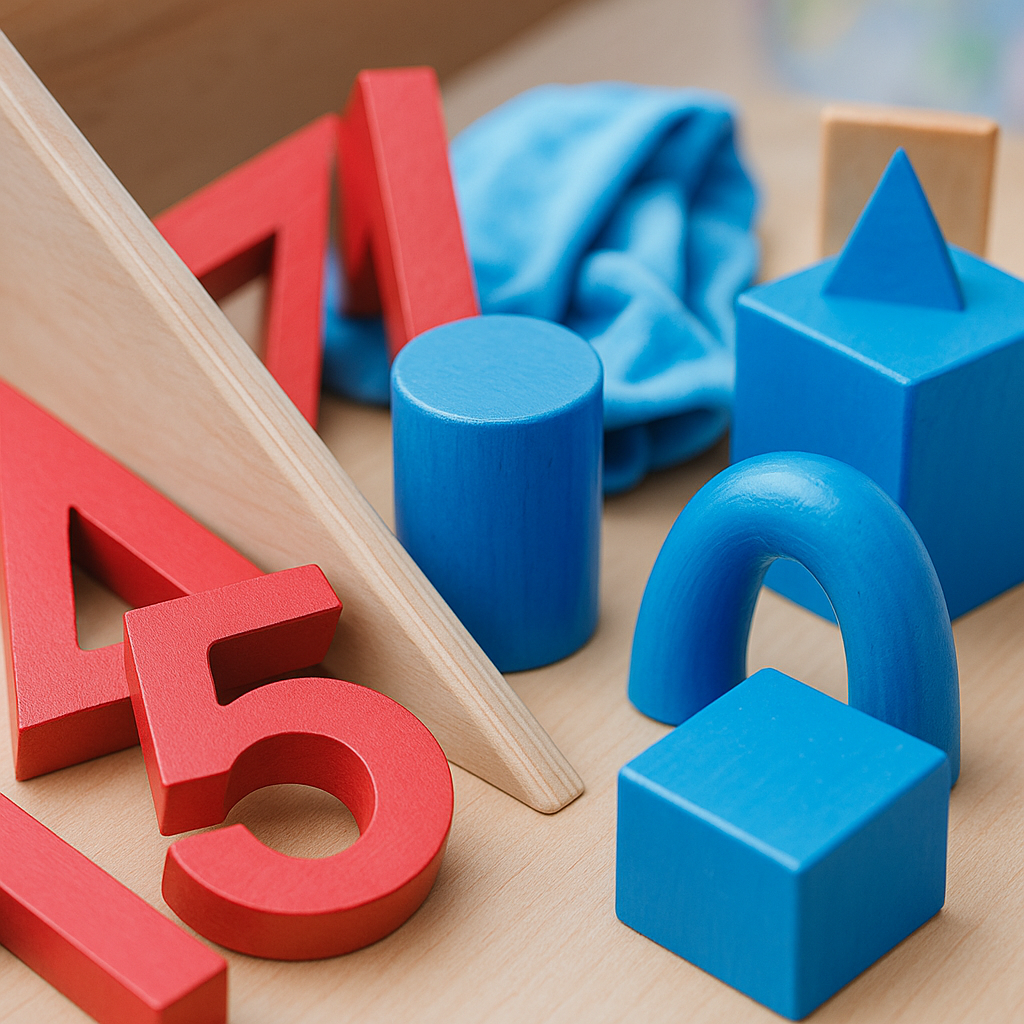 Montessori-Holzbausteine in Blau und Rot, geometrische Formen und Zahlen auf hellem Holztisch, symbolisch für die Kindergartengruppe.